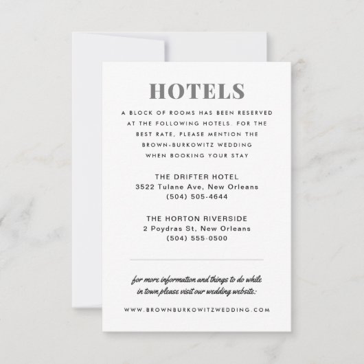 Schwarz-Weiß-Hotel-Unterkunftskarte RSVP Karte (Vorderseite)