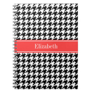 Schwarz Weiß Houndstooth Korallenrot Name Monogram Notizblock
