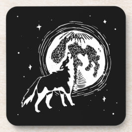 Schwarz-Weiß-Howling Husky Moon Linocut Getränkeuntersetzer