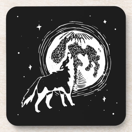Schwarz-Weiß-Howling Husky Moon Linocut Getränkeuntersetzer (Vorderseite)