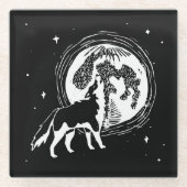 Schwarz-Weiß-Howling Husky Moon Linocut Glasuntersetzer (Vorderseite)