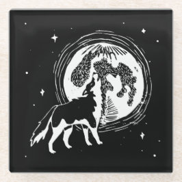 Schwarz-Weiß-Howling Husky Moon Linocut Glasuntersetzer