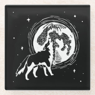 Schwarz-Weiß-Howling Husky Moon Linocut Glasuntersetzer