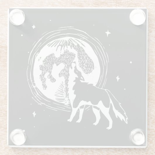 Schwarz-Weiß-Howling Husky Moon Linocut Glasuntersetzer (Rückseite)