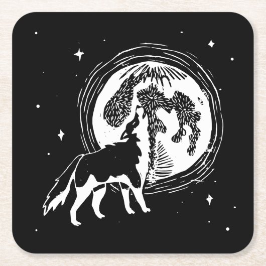 Schwarz-Weiß-Howling Husky Moon Linocut Rechteckiger Pappuntersetzer (Vorderseite)