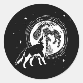 Schwarz-Weiß-Howling Husky Moon Linocut Runder Aufkleber