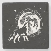 Schwarz-Weiß-Howling Husky Moon Linocut Steinuntersetzer (Vorderseite)
