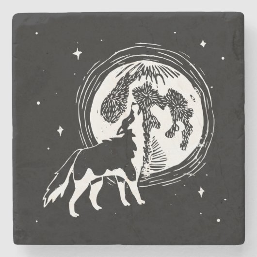 Schwarz-Weiß-Howling Husky Moon Linocut Steinuntersetzer (Vorderseite)