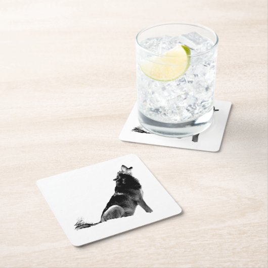 Schwarz-weiß Howling Wolf Rechteckiger Pappuntersetzer (Vor Ort)