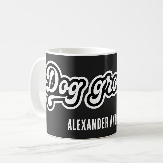 Schwarz-Weiß-Hund Groomer Fett Typografie Kaffeetasse (Vorderseite Links)