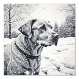 Schwarz-Weiß-Hund-KI-Sketch-Winterlandschaft Fotodruck