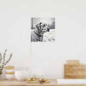 Schwarz-Weiß-Hund-KI-Sketch-Winterlandschaft Poster (Küche)