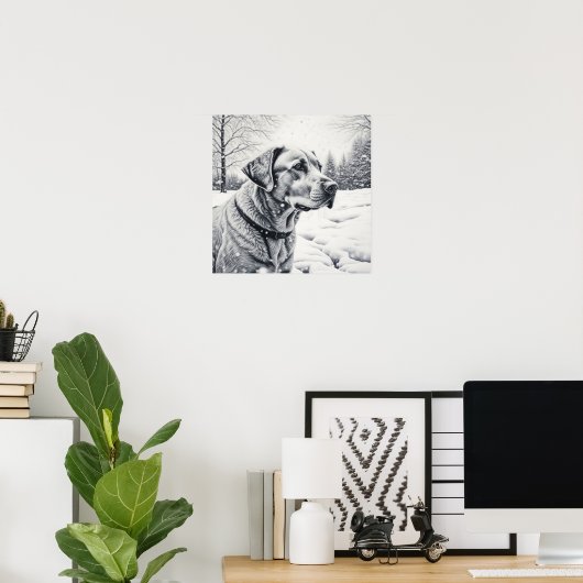 Schwarz-Weiß-Hund-KI-Sketch-Winterlandschaft Poster (Heimbüro)