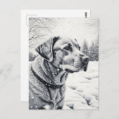 Schwarz-Weiß-Hund-KI-Sketch-Winterlandschaft Postkarte (Vorne/Hinten)