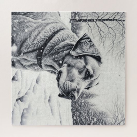 Schwarz-Weiß-Hund-KI-Sketch-Winterlandschaft Puzzle (Horizontal)
