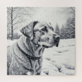 Schwarz-Weiß-Hund-KI-Sketch-Winterlandschaft Puzzle (Vertikal)