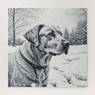 Schwarz-Weiß-Hund-KI-Sketch-Winterlandschaft Puzzle