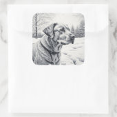 Schwarz-Weiß-Hund-KI-Sketch-Winterlandschaft Quadratischer Aufkleber (Tasche)