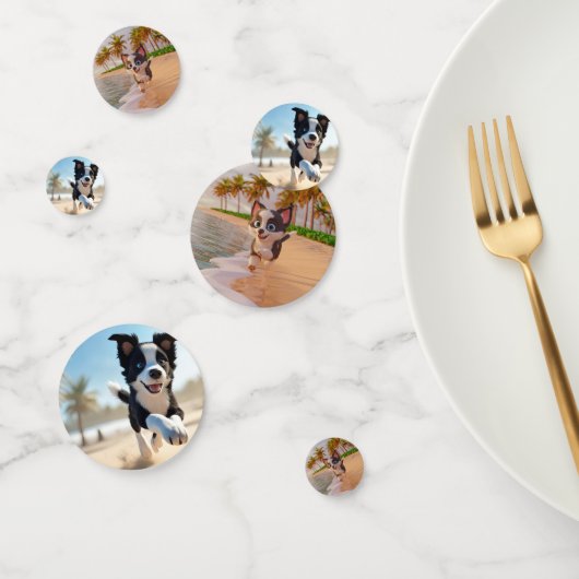 Schwarz-Weiß-Hund läuft am Strand Konfetti (Gruppe)