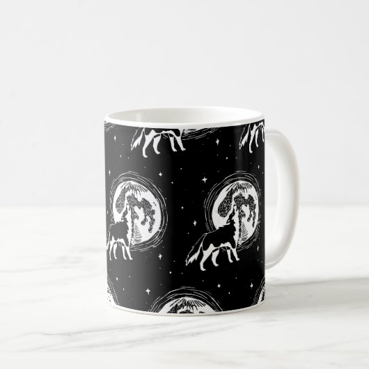 Schwarz-Weiß-Husky-Moon-Linocut-Muster Kaffeetasse (VorderseiteRechts)