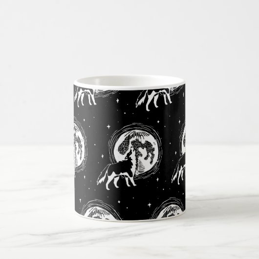 Schwarz-Weiß-Husky-Moon-Linocut-Muster Kaffeetasse (Mittel)
