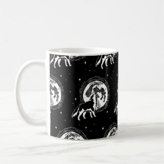 Schwarz-Weiß-Husky-Moon-Linocut-Muster Kaffeetasse