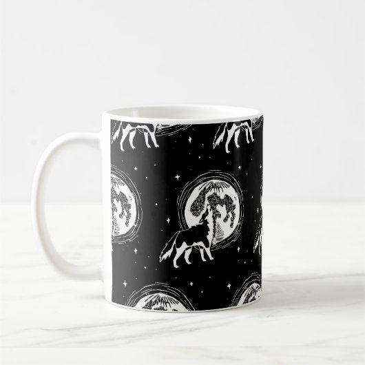 Schwarz-Weiß-Husky-Moon-Linocut-Muster Kaffeetasse (Links)