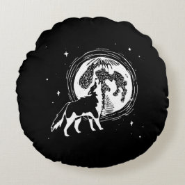 Schwarz-Weiß-Husky-Moon-Linocut-Muster Rundes Kissen