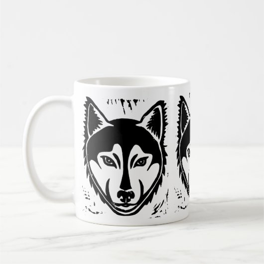 Schwarz-Weiß-Husky-Portrait Lino Cut Print Kaffeetasse (Links)