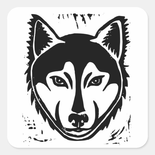 Schwarz-Weiß-Husky-Portrait Lino Cut Print Quadratischer Aufkleber (Vorderseite)