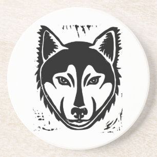 Schwarz-Weiß-Husky-Portrait Lino-Schnitt Sandstein Getränkeuntersetzer