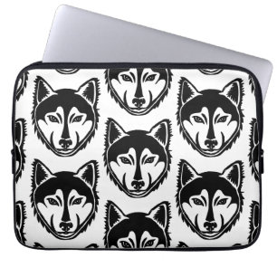Schwarz-Weiß-Husky-Portrait Lino-Schnittmuster Laptopschutzhülle