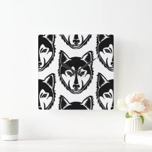 Schwarz-Weiß-Husky-Portrait Lino-Schnittmuster Quadratische Wanduhr
