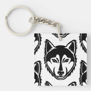 Schwarz-Weiß-Husky-Portrait Lino-Schnittmuster Schlüsselanhänger