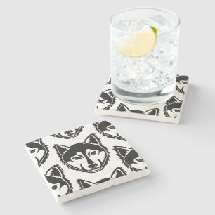 Schwarz-Weiß-Husky-Portrait Lino-Schnittmuster Steinuntersetzer