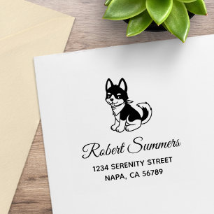 Schwarz-Weiß-Husky-Welpen-Hundeadresse Gummistempel