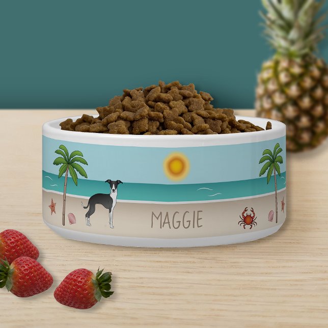 Schwarz-Weiß-Iggy-Hund im tropischen Sommer Beach Napf (Von Creator hochgeladen)