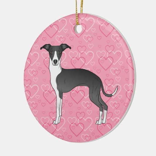 Schwarz-Weiß-Iggy Hund Pink Hearts Memorial Keramik Ornament (Links)