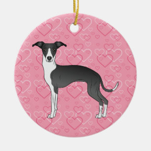 Schwarz-Weiß-Iggy-Hund Rosa Herzen Haustier-Gedenk Keramik Ornament