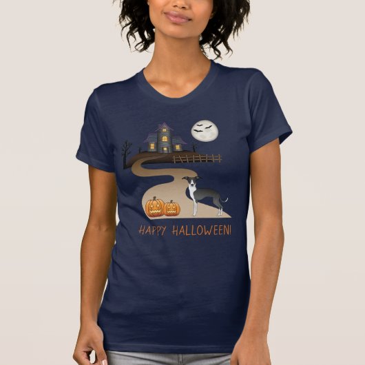 Schwarz-Weiß-Iggy und Halloween-Spuk Haus T-Shirt (Vorderseite)
