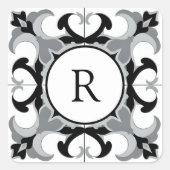 Schwarz-weiß im spanischen Stil mit Initialen Quadratischer Aufkleber (Vorderseite)