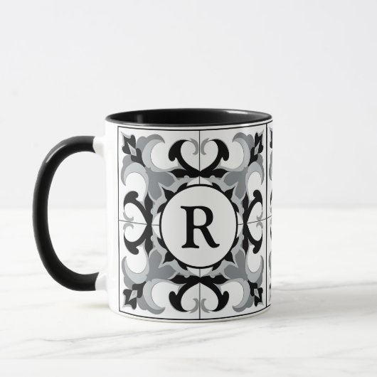Schwarz-weiß im spanischen Stil mit Initialen Tasse (Links)
