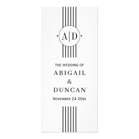 Schwarz-Weiß-Initialen und Streifen Hochzeitsprogr Werbekarte (Vorne)