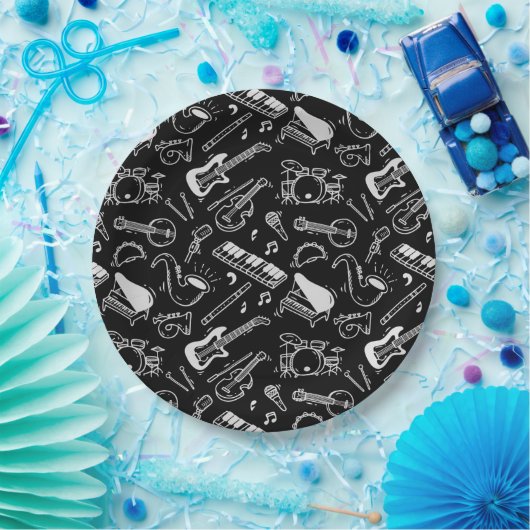 Schwarz-Weiß-Instrumente Pappteller (Party)