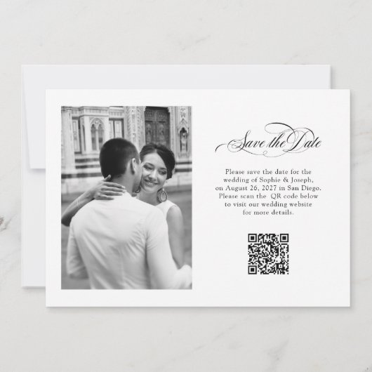 Schwarz-Weiß-Italienisch Elegance Zwei Foto QR-Cod Save The Date (Rückseite)
