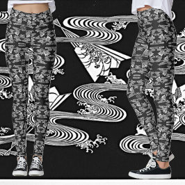 Schwarz-Weiß-"japanisches Muster der Lüfter" Leggings