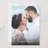 Schwarz-Weiß Just Married Elegantes Hochzeitsfest Ankündigung (Vorderseite)