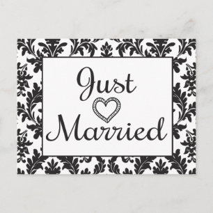 Schwarz-Weiß-Just-Married-Floral-Damask-Hochzeit Ankündigungspostkarte