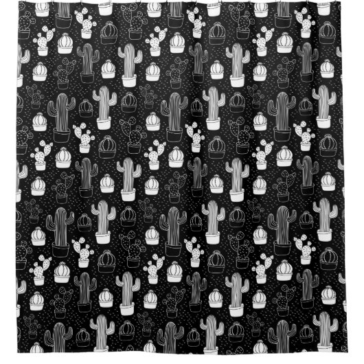 Schwarz-Weiß-Kaktus Doodle-Muster Duschvorhang (Vorderseite)