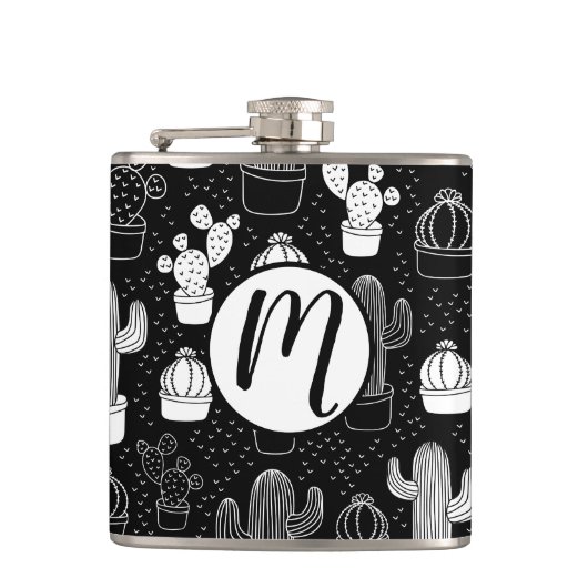 Schwarz-Weiß-Kaktus Doodle-Muster Flachmann (Vorderseite)